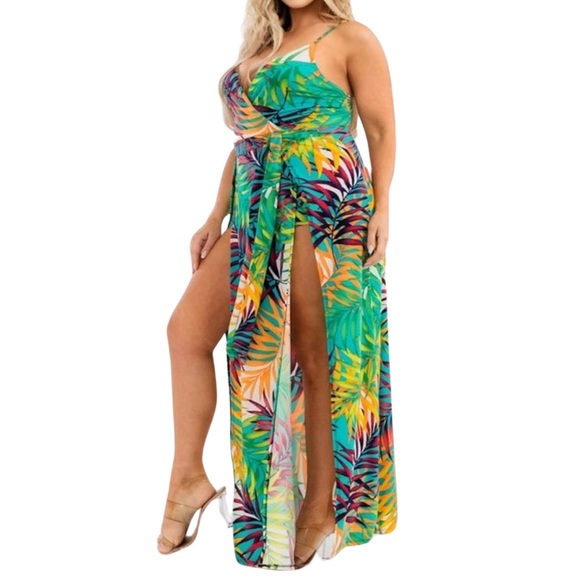 Sleeveless tropical print maxi sun dress with shorts underneath 2X - Picture 3 of 7